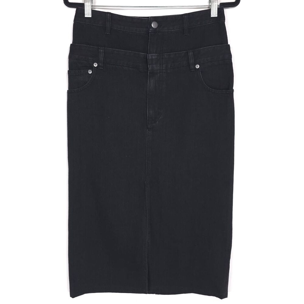 Tibi Double Waisted Black JAPANESE Denim Jean Midi Skirt 26 Slit Front Cotton